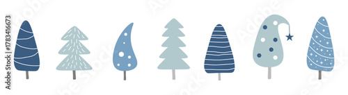 Set of seven trees isolated on  white background. For winter illustrations. Decoration for postcards, posters, business cards and invitations. Flat vector illustration. Gray and blue tree.