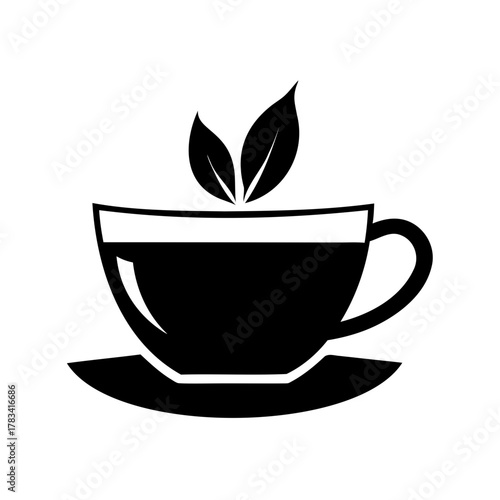 Iconic black and white teacup and saucer illustration with two green leaves
