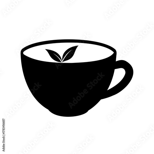 Elegant minimalistic black teacup logo with fresh tea leaves, isolated on white