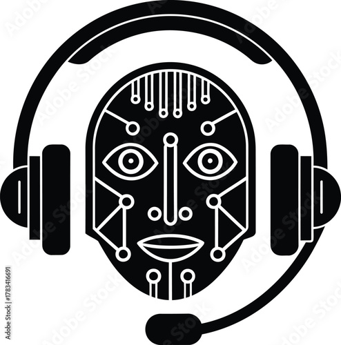 Black and white graphic of a robot face wearing a headset with microphone attachment in center view