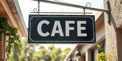 Fototapeta Naklejka Na Ścianę i Meble -  Charming Cafe Sign Hanging Outside Building on Sunny Day.