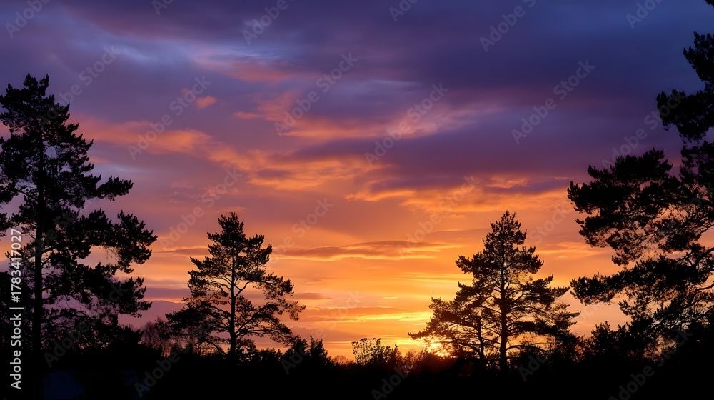 Fototapeta premium A vibrant sunset with orange and purple clouds casts a dramatic silhouette of pine trees against the sky