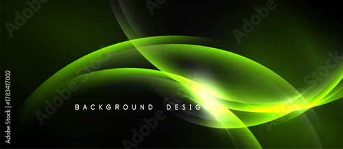 Abstract green waves, luminous curves, dark background. Modern design elements create dynamic visual effect. Smooth gradients, elegant composition.