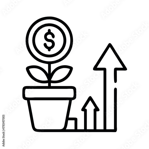 Conceptual icon illustrating financial growth and investment returns with a plant and upward arrows
