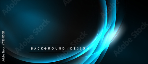 Abstract blue waves form dynamic background. Dark center contrasts bright curves, creating modern design element. Smooth gradients enhance visual appeal.