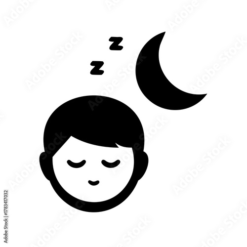 Black and white icon illustration of a sleeping person under the moon