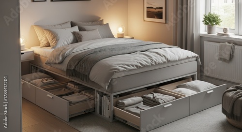 Serene modern bedroom sanctuary featuring a stylish bed with ample integrated storage, perfect for minimalist living and cozy retreats.