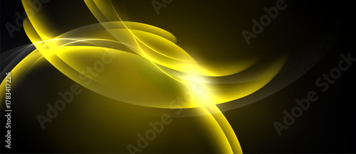 Abstract golden lines swirl, creating luminous energy. Bright center radiates outward, contrasting dark background. Smooth curves suggest motion.