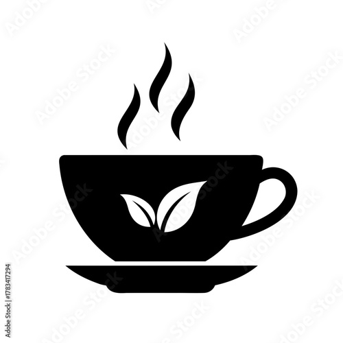 Elegant Black and White Tea Cup Logo with Steaming Hot Beverage
