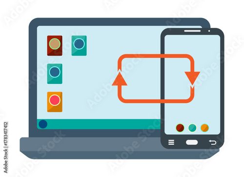 Graphical illustration of the synchronization icon of mobile devices and the computer. Synchronization or data transmission. EPS10 Vector illustration