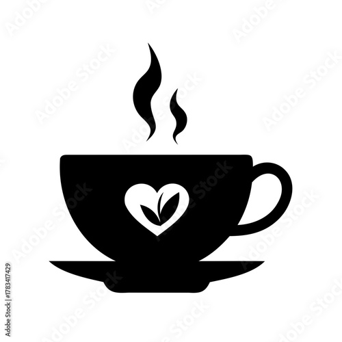Black and white image of a steaming cup with a heart logo