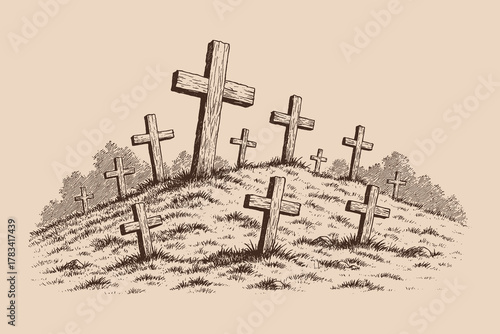 Fotografie Detailed hand-drawn sketch of a graveyard hill with crosses in engraving style, ideal for gothic art, Halloween designs, or vintage illustrations