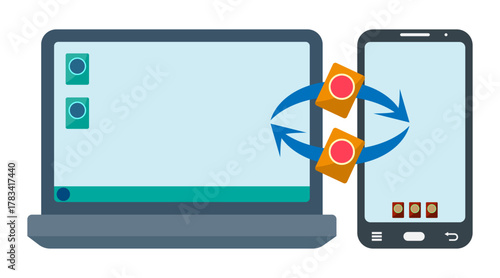 Graphical illustration of the synchronization icon of mobile devices and the computer. Synchronization or data transmission. EPS10 Vector illustration