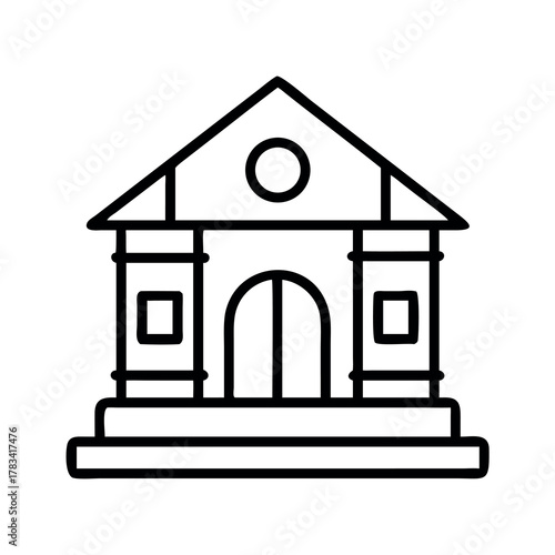 Simple line art icon of a classic building with a pediment and arched entrance