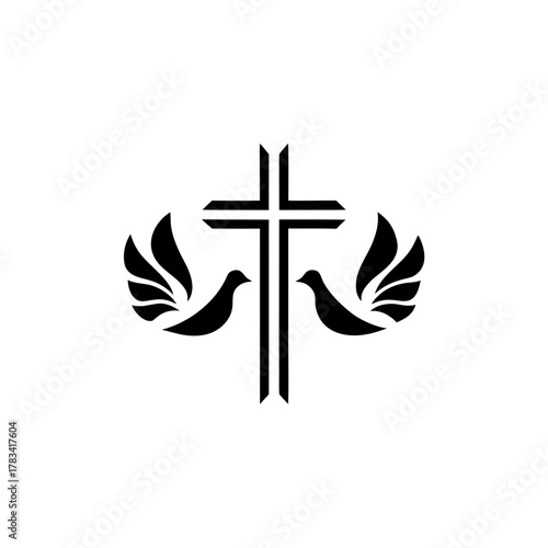 Christian cross with two doves on either side design on transparent background