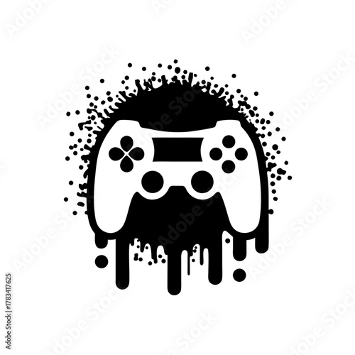 White controller on a black splatter background design on transparent background