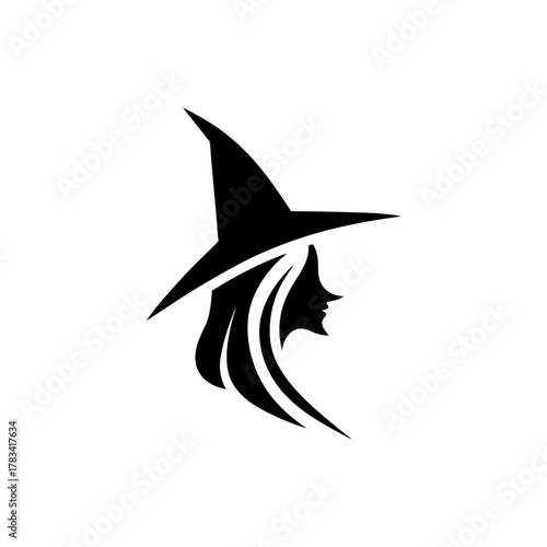 Silhouette of a witch with hat and flowing hair art on transparent background