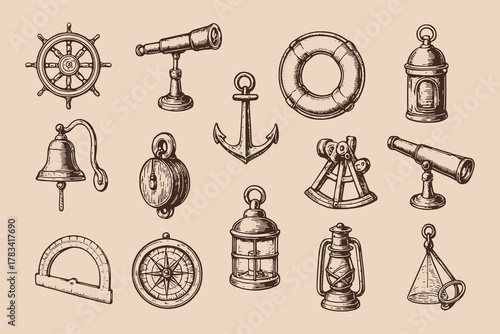 Collection of hand-drawn maritime tools and equipment in engraving style, ideal for logo design, tattoos, or nautical-themed prints.