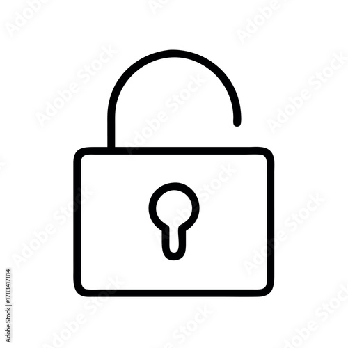 Simple line art icon of an open padlock symbol indicating security and access