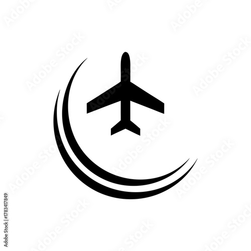 Airplane taking off with curved lines behind it icon on transparent background