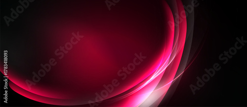 Abstract design features flowing curves, vibrant pink hues, dark background. Smooth gradients create dynamic visual impact. Modern, elegant composition.