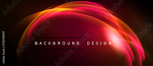 Abstract design features vibrant red, orange curves. Dark background emphasizes glowing lines, creating modern visual impact.