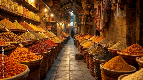 Traditional spice market with colorful herbs and seasonings in woven baskets under warm lighting, exotic bazaar atmosphere with rich aroma