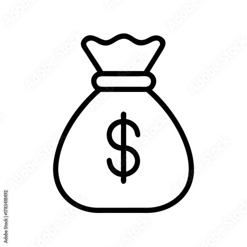 Simple line art icon of a money bag with a dollar sign representing wealth and finance
