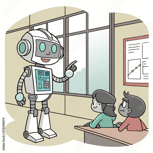 Friendly robot teaching children in a classroom setting