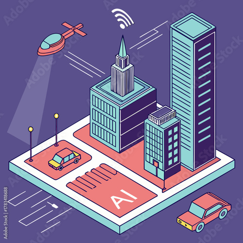 Futuristic cityscape with ai technology and autonomous vehicles