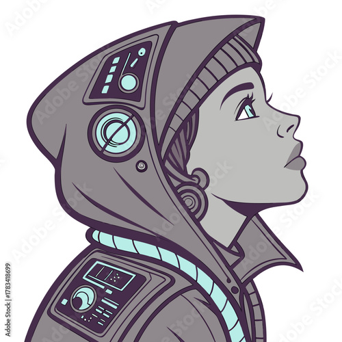 Futuristic woman looking up with cyberpunk inspired hood and tech details