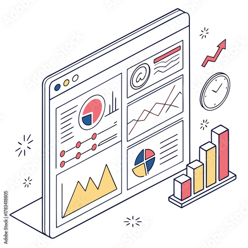 Isometric illustration of a digital dashboard with charts and graphs