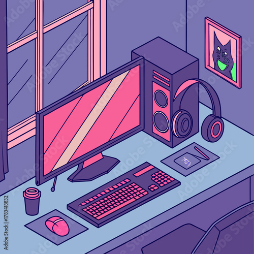 Isometric illustration of a gaming setup with a computer keyboard mouse and headphones