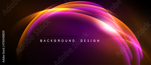 Abstract vibrant design. Swirling light shapes create dynamic purple, orange glow. Dark background emphasizes luminosity, modern aesthetic.