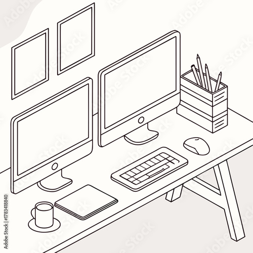 Isometric line art illustration of a modern desk with dual monitors and office supplies