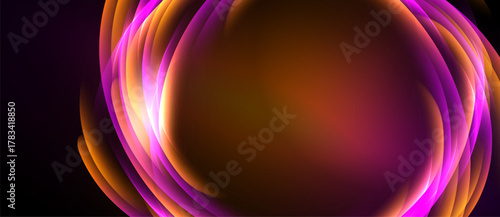 Abstract vibrant layers create glowing oval shape. Orange, purple hues dominate dark background. Smooth gradients suggest energy, motion.