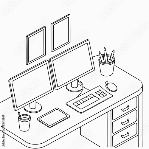 Isometric line art of a modern desk with dual monitors and drawers