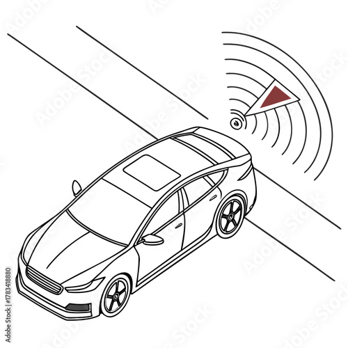 Modern car with advanced sensor technology and signal waves