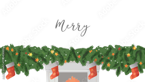 Cozy christmas fireplace scene with garland stockings and twinkling lights and merry text