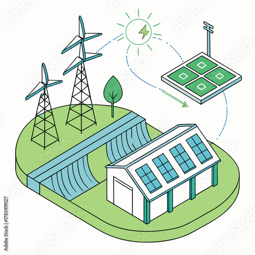 Renewable energy sources illustration showing wind turbines solar panels and a hydroelectric dam