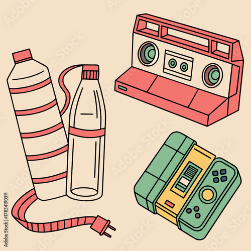 Retro collection of vintage electronics and water bottles with plug