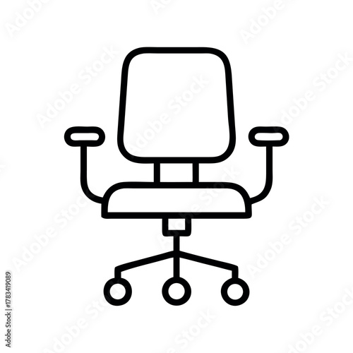 Minimalist line art icon of a modern office chair with wheels and armrests