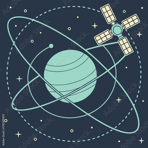 Satellite orbits a stylized planet in deep space with stars