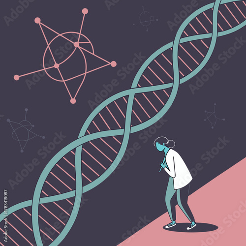 Scientist studying a large dna helix and molecular structures