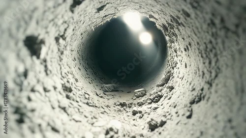 Deep cylindrical tunnel drilled into rocky surface with glowing light at the end, geological borehole concept with rough stone texture