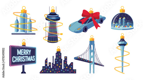 Christmas Ornament Array: A collection of stylized Christmas ornaments, each representing a different aspect of festive celebrations, and offering a visual feast of holiday cheer.