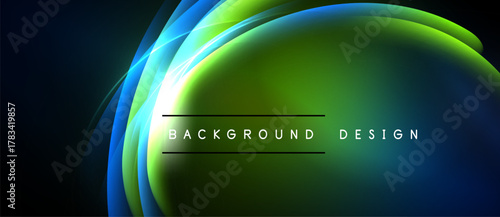 Abstract vibrant curves, green hues dominate. Dark background contrasts bright light streaks. Text reads background design. Modern visual element.
