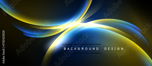 Abstract flowing shapes, vibrant colors, dark background. Dynamic composition creates modern visual impact. Light effects enhance depth.