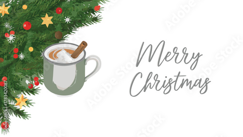 Cozy christmas scene with a mug of hot chocolate and cinnamon stick next to a decorated evergreen tree