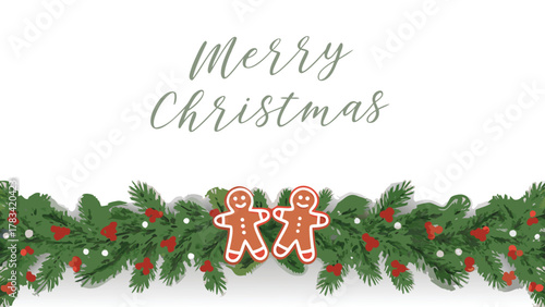 Festive merry christmas greeting with a garland of evergreen branches adorned with red berries and two gingerbread cookies